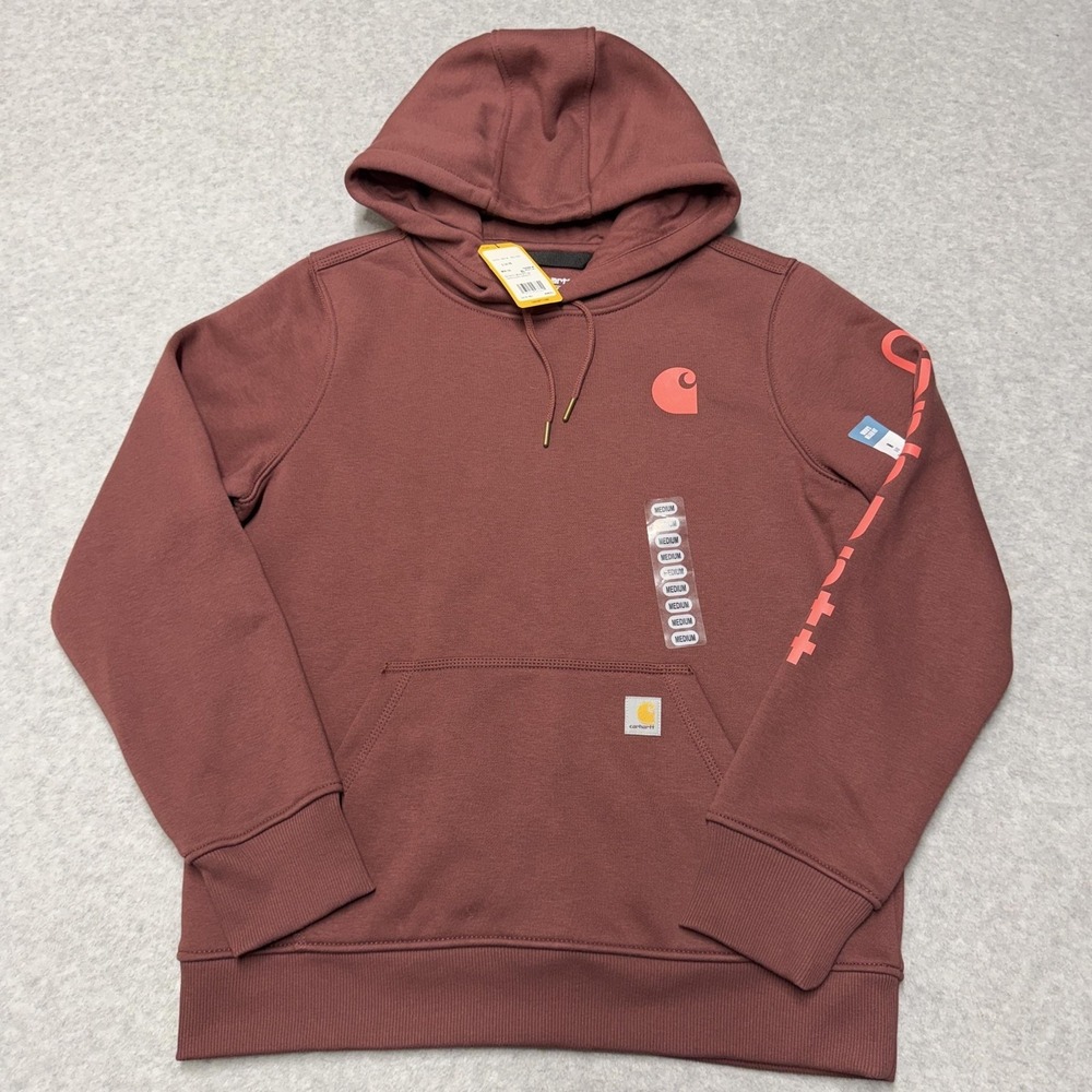 Carhartt Hoodie Womens M Brown Relaxed Fit Logo Sleeve Graphic Fleece Sweatshirt